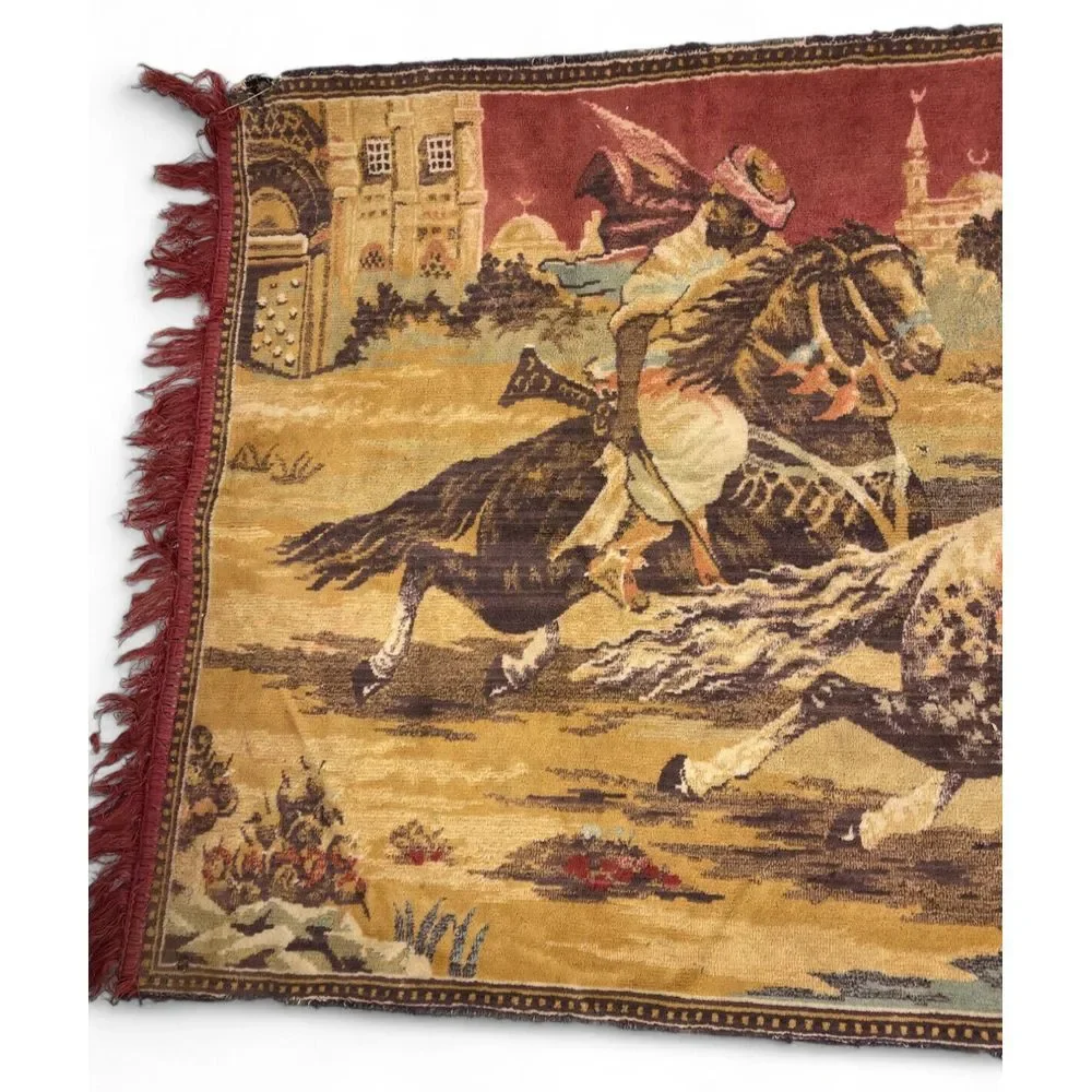 Vintage Arabian Nights Tapestry Middle Eastern Men Horses Wall Hanging 43x23